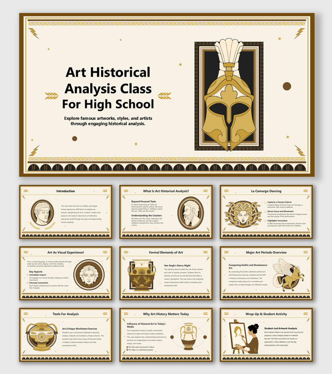 Art Historical Analysis Class For High School slide with golden helmet, classic art icons, and student tasks.