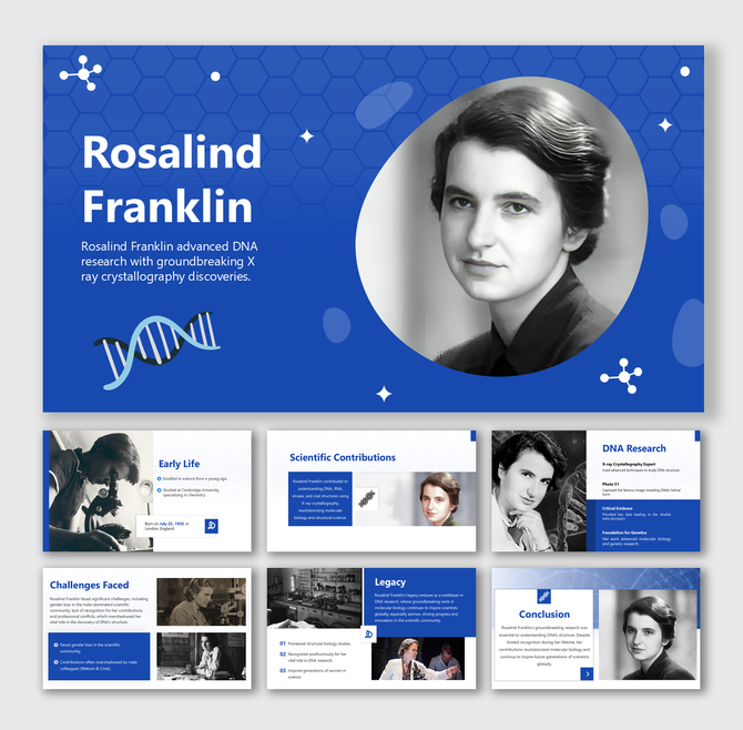 Rosalind Franklin slides with blue theme, DNA icons, photos, and text boxes on her life and discoveries.