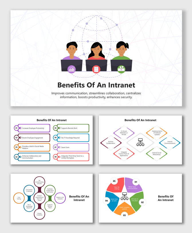 Benefits Of An Intranet slides with avatars, charts, shapes, and colorful text boxes on a tech-themed white background.