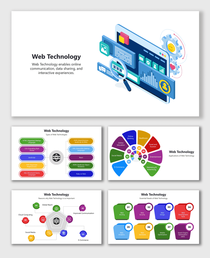 Web Technology slide showing coding, devices, and cloud icons in blue and orange gradient shapes.