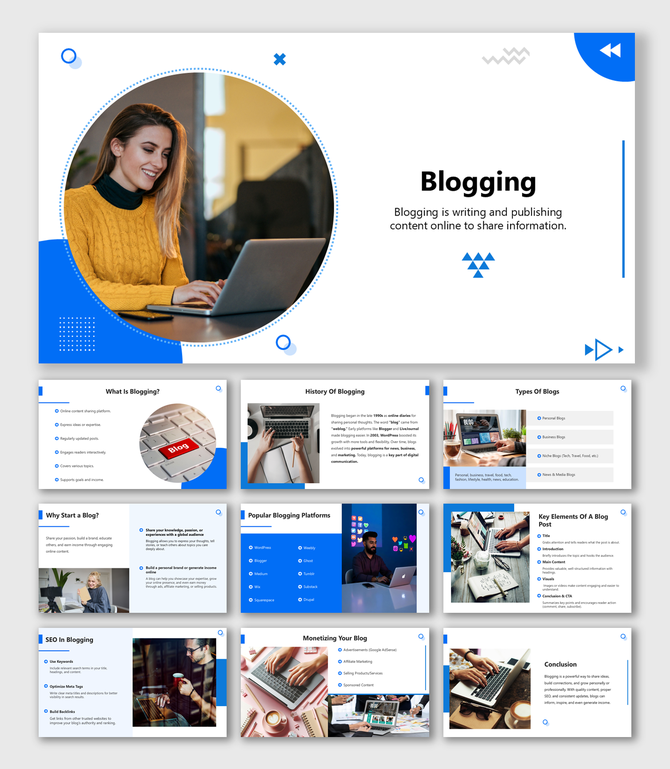 Blogging slides with laptop visuals, blogger photos, blue accents, and tips on SEO, types, platforms, and monetization.