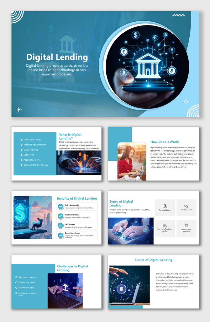 Digital Lending slides with bank and currency icons, blue theme, mobile visuals, benefits, types, and future trends.