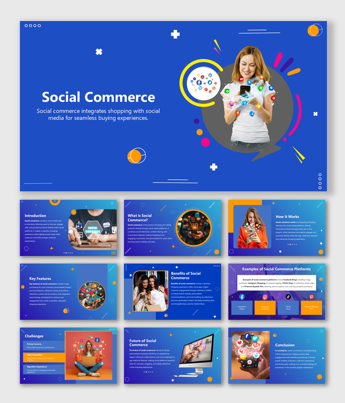 Social Commerce slides with mobile icons, user visuals, bold colors, and key points on features, platforms, and benefits.