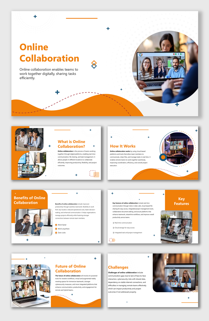 Online Collaboration slides with video call visuals, orange accents, and sections on benefits, features, and challenges.