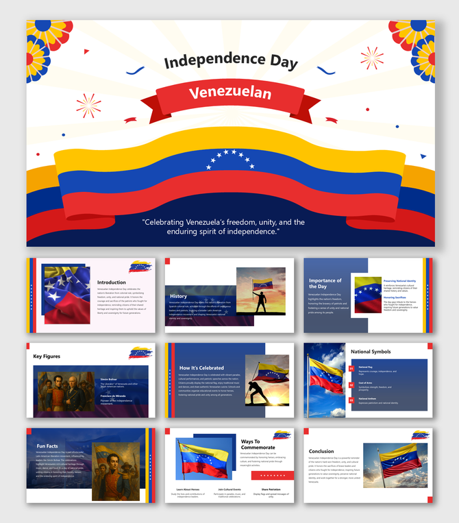 Venezuelan Independence Day slides with waving flags, bold colors, and sections on history, heroes, symbols, and celebration.