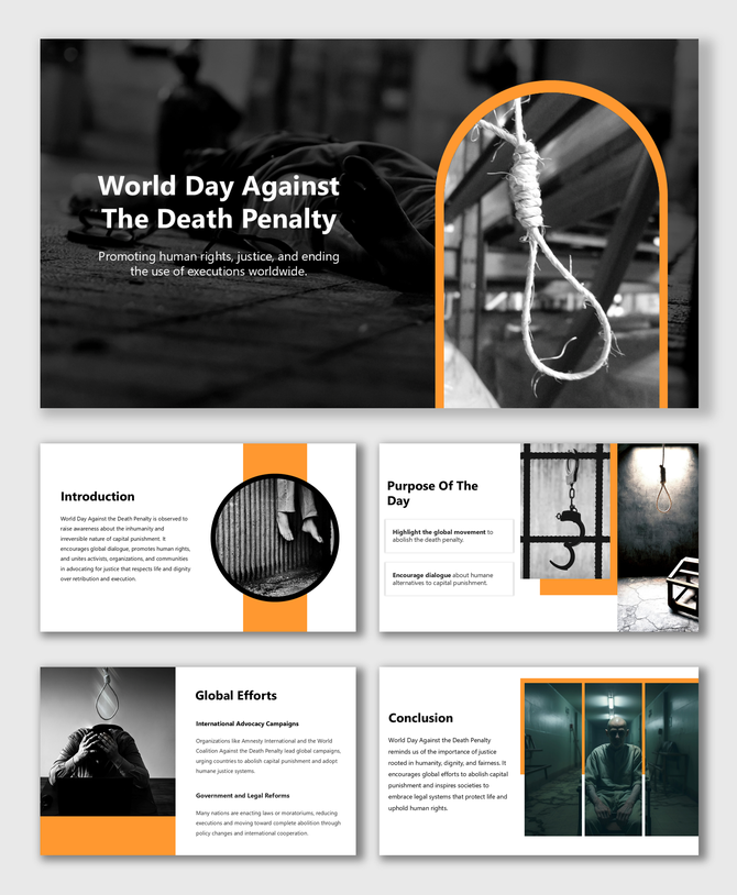 World Day Against The Death Penalty slides with noose visuals, black-white theme, orange accents, and justice messages.