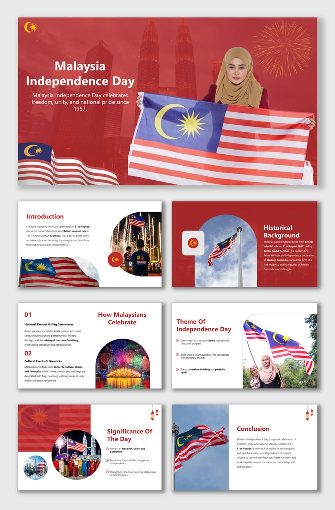 Malaysia Independence Day slides with flags, red theme, cultural visuals, and content on history and celebration.