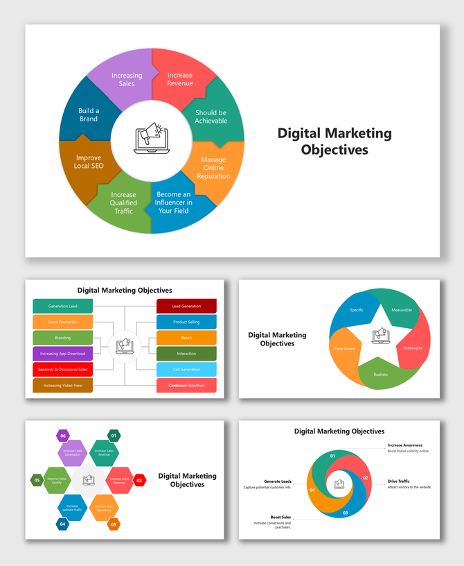 Digital Marketing Objectives slides with vibrant shapes, icons, and goals like lead generation, sales, and awareness.