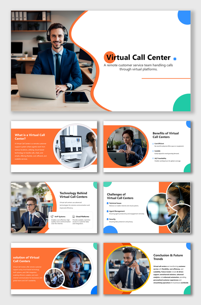 Virtual Call Center slides with colorful shapes and images showing benefits, challenges, tech, and solutions.
