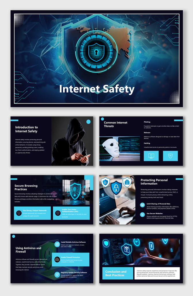 Internet Safety slides with blue designs, icons, and images showing threats, safe browsing, and protection tips.