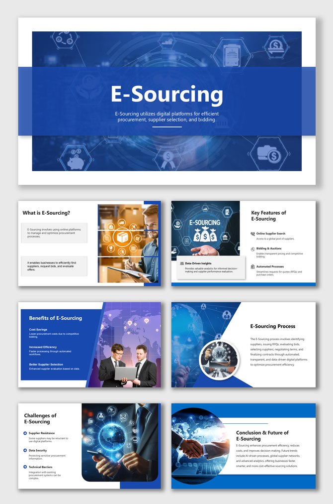 E-Sourcing slides in blue theme showing process, benefits, challenges, Cyber Threats, and supplier selection.