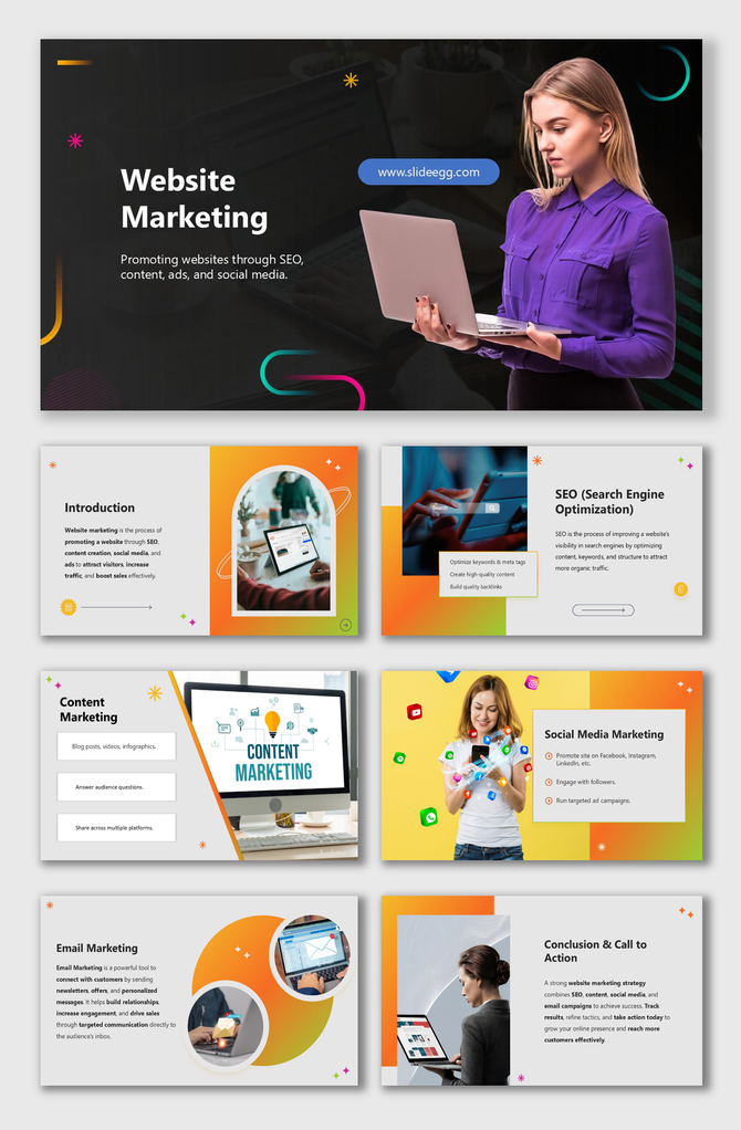 Website Marketing slides with laptops, icons, gradient colors, shapes, text holders, Customer Order Cycle.