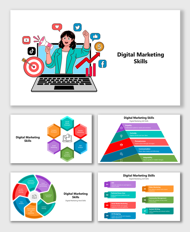 Digital Marketing Skills slides with laptop, social icons, colorful charts, shapes, text holders, Customer Order Cycle