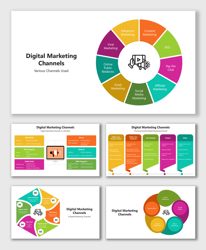 Digital Marketing Channels slides with colorful circles, hexagons, banners, text holders, icons, Customer Order Cycle.