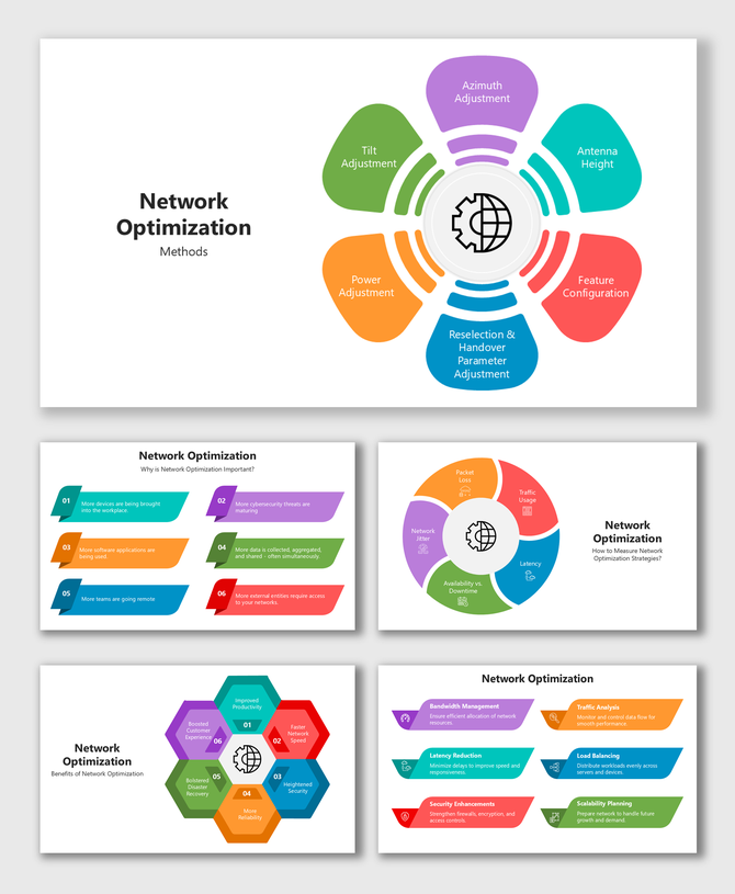 Network Optimization slides with colorful charts, hexagons, flow arrows, text blocks, and Digital Certificate.