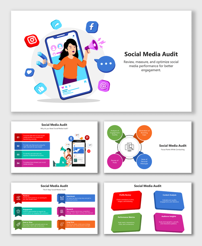 Social Media Audit slides with mobile graphic, icons, colorful text blocks, and Digital Certificate.