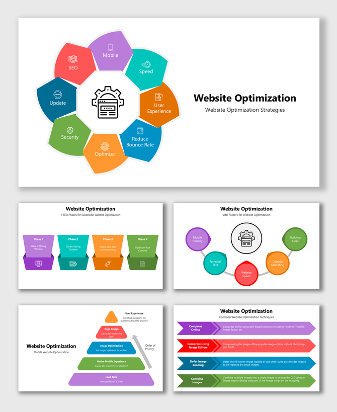 Website Optimization infographic with colorful icons, hexagons, arrows, and Customer Order Cycle flow.