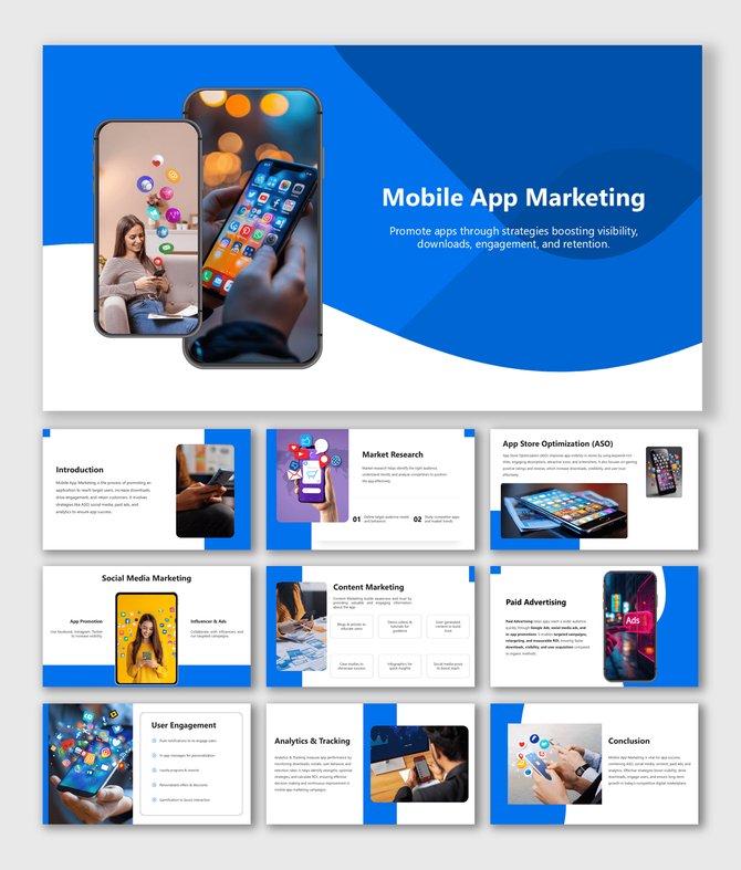 Mobile App Marketing slides with phone visuals, social icons, blue design, text blocks, and Digital Certificate.