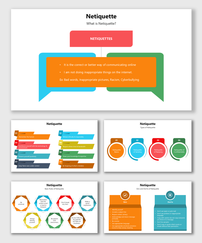 Netiquette slides with speech bubbles, colorful rules, dos and don’ts text blocks, and online behavior tips.