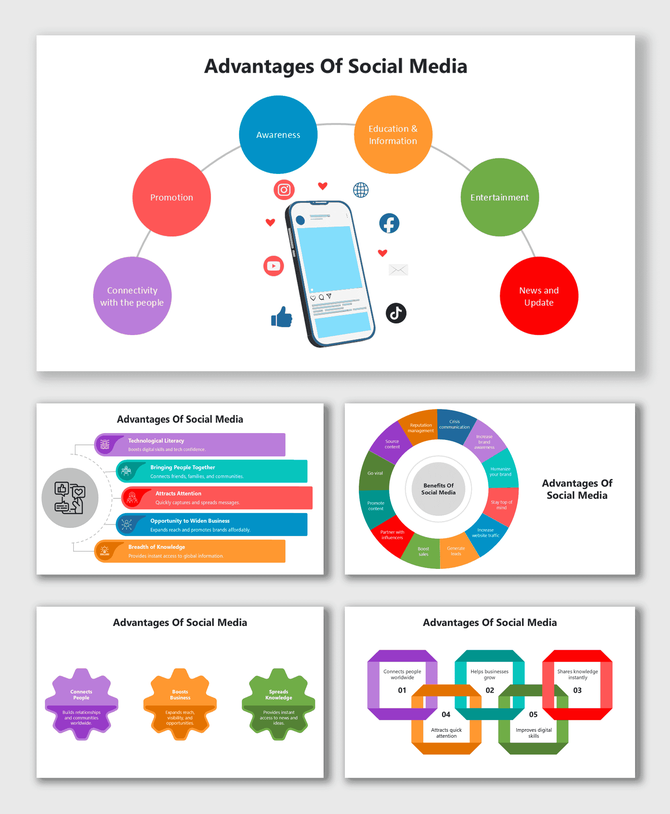 Advantages Of Social Media slides with colorful shapes, phone graphic, awareness, promotion, and growth.
