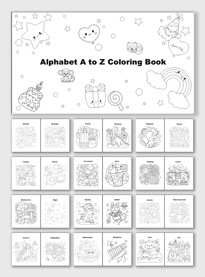 Alphabet A to Z Coloring Book with animals, rainbow, food, shapes, text holders, and fun pages.