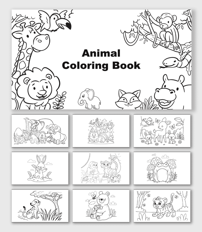 Animal Coloring Book with lion, giraffe, monkey, rabbit, tiger, bear, jungle shapes, and text holders.