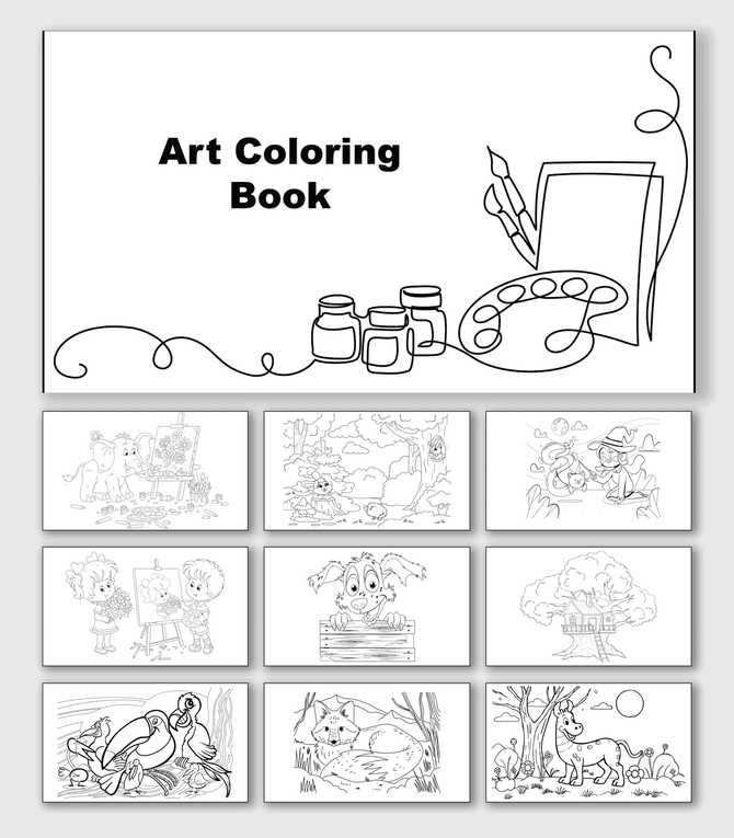 Art Coloring Book with brushes, paint jars, kids painting, dog, fox, unicorn, treehouse, shapes, and text.