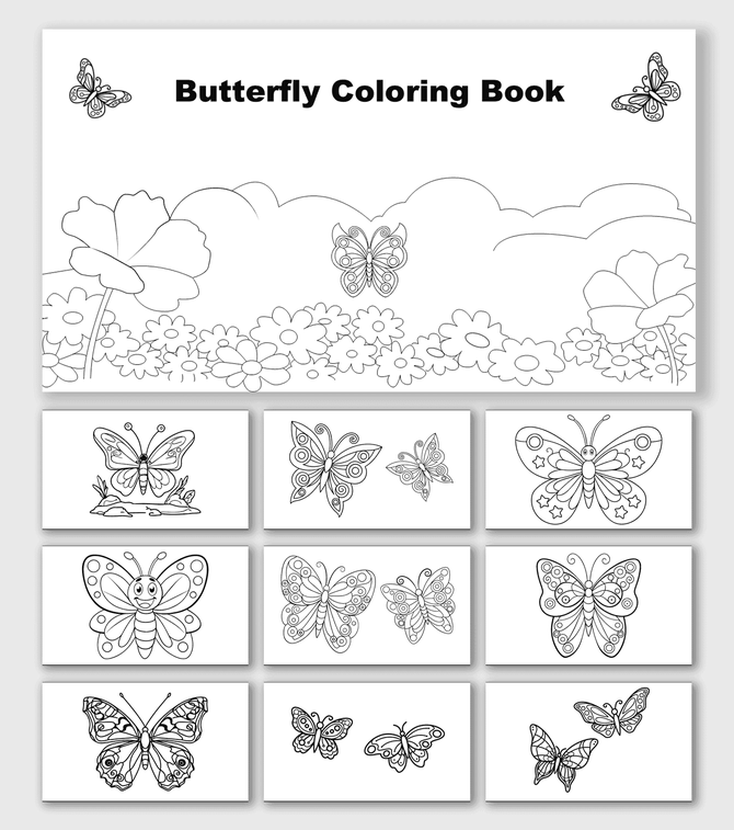 Butterfly Coloring Book with butterflies, flowers, clouds, garden shapes, star patterns, and text holders.