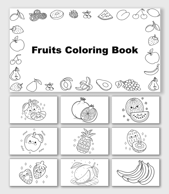 Fruits Coloring Book with apple, banana, mango, pineapple, watermelon, orange, strawberry, grapes, shapes, and text.