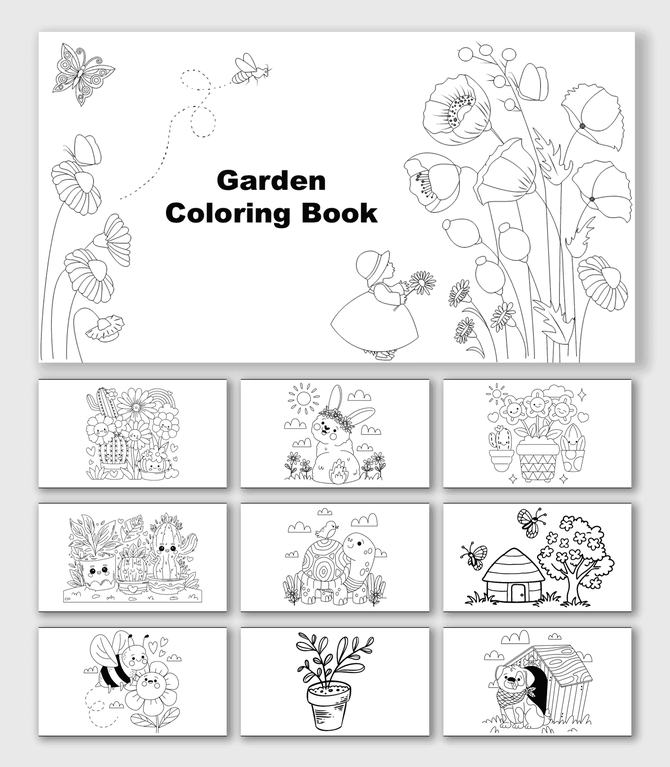 Garden Coloring Book with flowers, plants, butterflies, bees, sun, clouds, garden shapes, huts, and text holders.