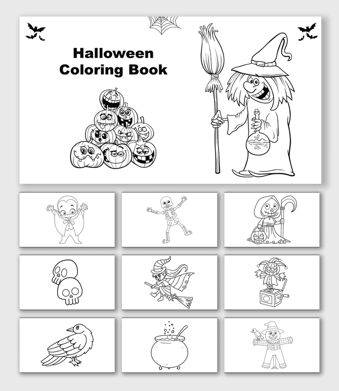 Halloween Coloring Book with witch, pumpkins, ghost, skeleton, skulls, cauldron, scarecrow, crow, and shapes.