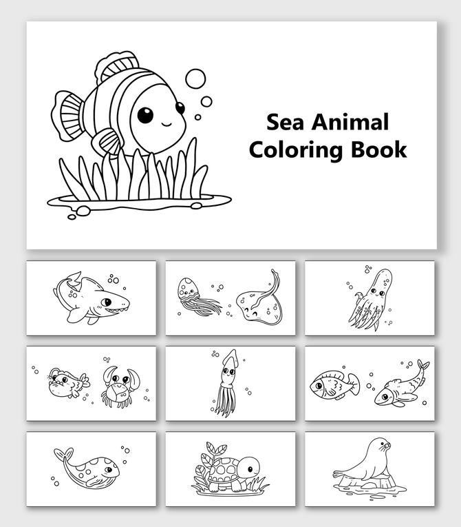 Sea Animal Coloring Book with fish, shark, squid, turtle, crab, seal, whale, stingray, bubbles, and ocean shapes.