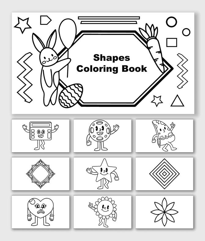 Shapes Coloring Book with circle, square, star, heart, flower, diamond, bunny, balloons, carrot, zigzags, and text.