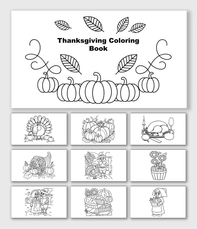 Thanksgiving Coloring Book with pumpkins, turkey, feast table, Pilgrims, cornucopia, flowers, harvest food, and shapes.