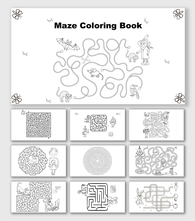 Maze Coloring Book with square, circle, and line mazes, wizard, rabbit, bat, animals, puzzles, shapes, and text holders.