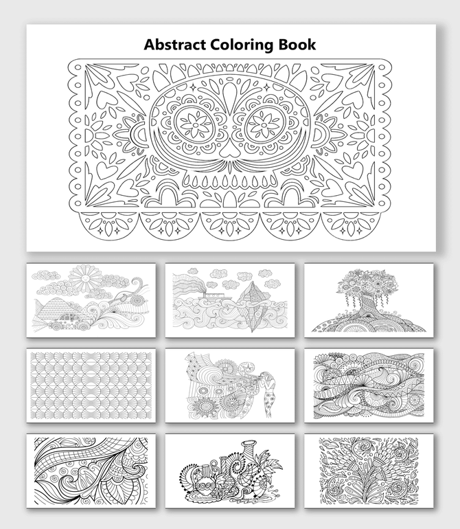 Abstract Coloring Book with floral patterns, swirls, waves, tree, iceberg, circles, geometric shapes, and textures.