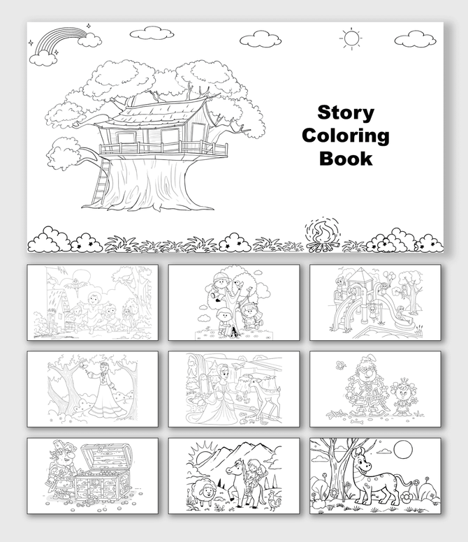 Story Coloring Book with treehouse, rainbow, kids, princess, knight, treasure chest, horse, dog, playground, and shapes.