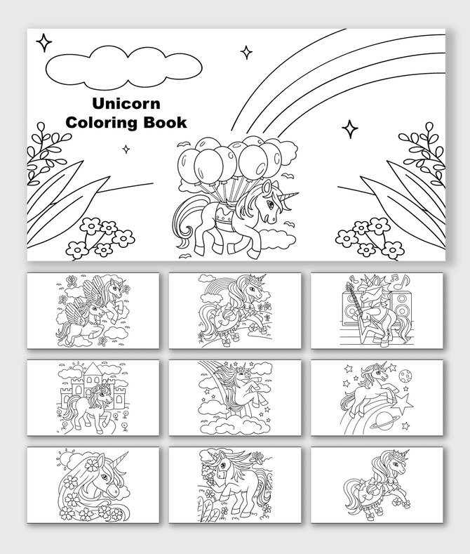 Unicorn Coloring Book with unicorns, rainbow, balloons, stars, flowers, castle, clouds, planets, music, and shapes.