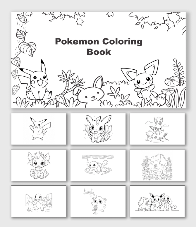 Pokemon Coloring Book with Pikachu, Eevee, Bulbasaur, Squirtle, Charmander, Jigglypuff, plants, flowers, and shapes.