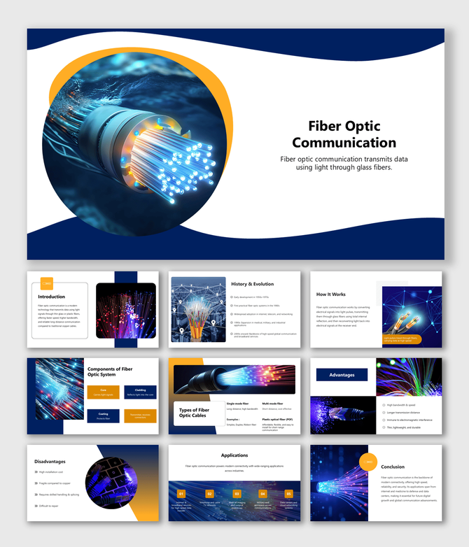 Fiber Optic Communication slides with cable images, system parts, working, pros, cons, uses, shapes, and text.