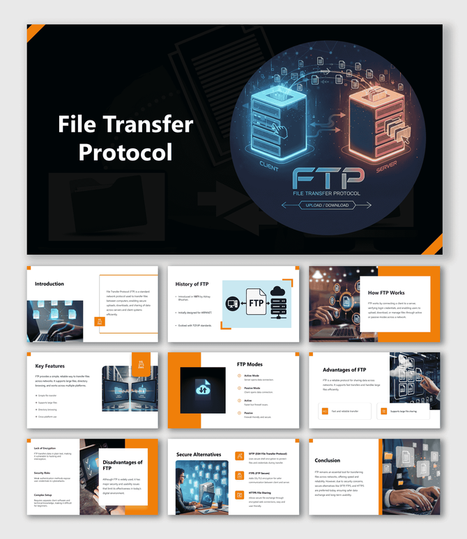 File Transfer Protocol slides showing client-server data exchange with orange-blue theme.