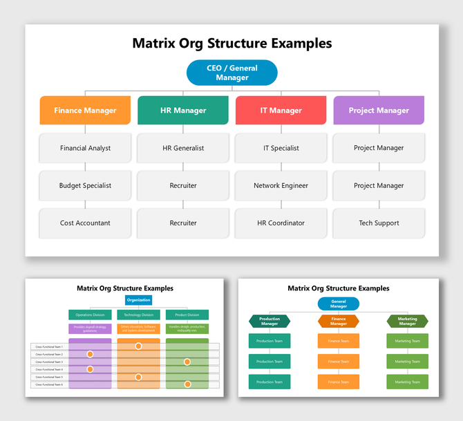 Matrix Org Structure Examples with CEO, managers, and department teams shown in colorful chart layout.