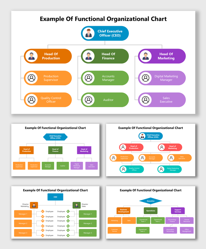 Example Of Functional Organizational Chart showing CEO, department heads, and teams in colorful layout.
