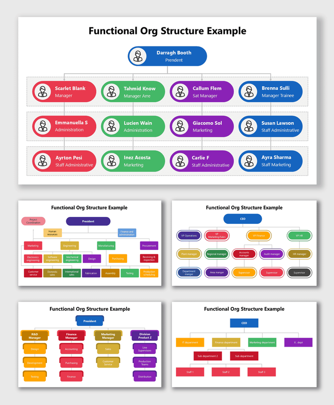 Functional Org Structure Example showing CEO, managers, and teams in colorful connected layout.