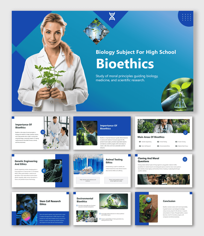 Biology Subject For High School Bioethics slide showing scientists, DNA, and plant research visuals.