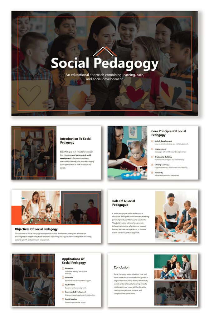 Social Pedagogy slides showing children learning with teachers, colorful visuals, and clean layout.