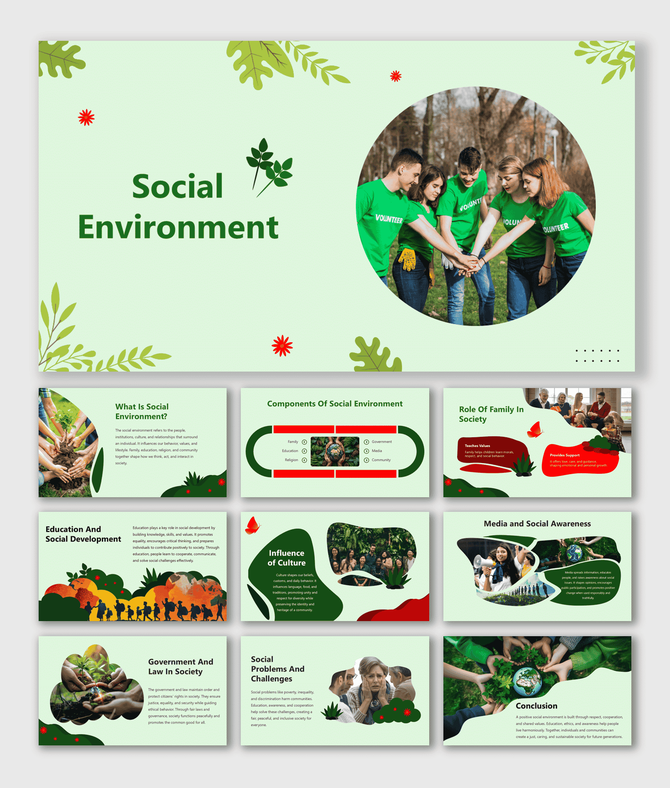 Social Environment slides showing teamwork, green leaves, and eco-friendly theme with nature visuals.
