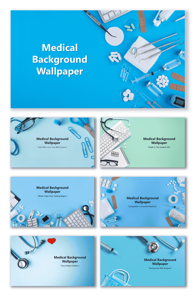 Medical Background Wallpaper with blue theme, stethoscope, pills, syringes, and medical tools.