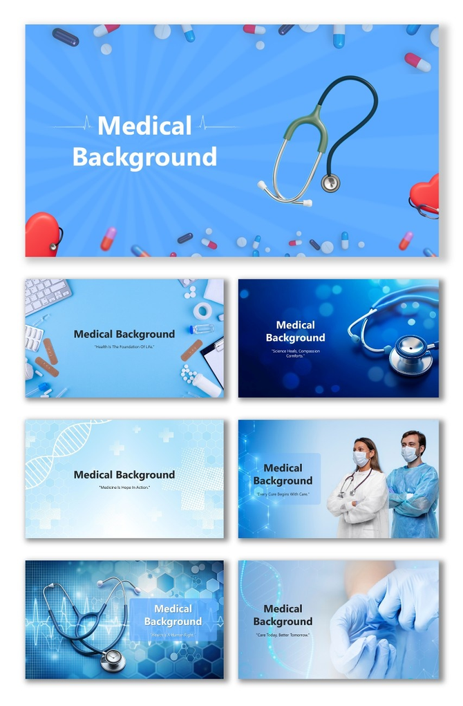 Medical background slides with blue theme, stethoscope, pills, gloves, DNA graphics, and healthcare elements.