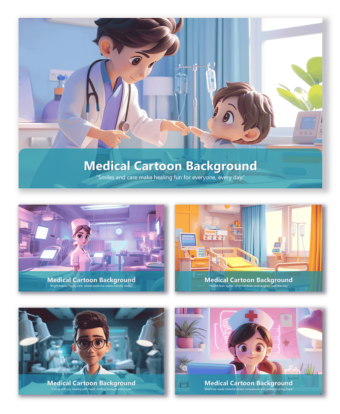 Medical Cartoon Background with cute doctors, nurses, hospital rooms, and bright 3D healthcare visuals.